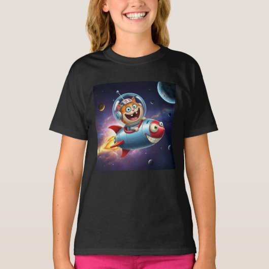 宇宙の子猫ロケットライド 面白い宇宙猫の冒険 Tシャツ (正面)