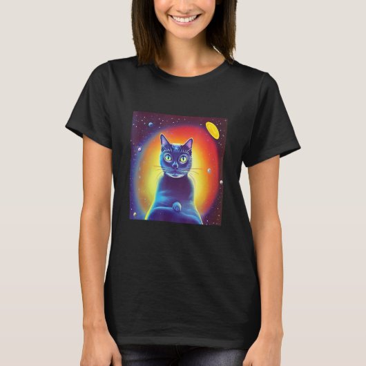 宇宙の子猫 科学フィクション ネコ Tシャツ (正面)
