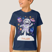 宇宙の宇宙飛行士と惑星とロケット Tシャツ (正面)