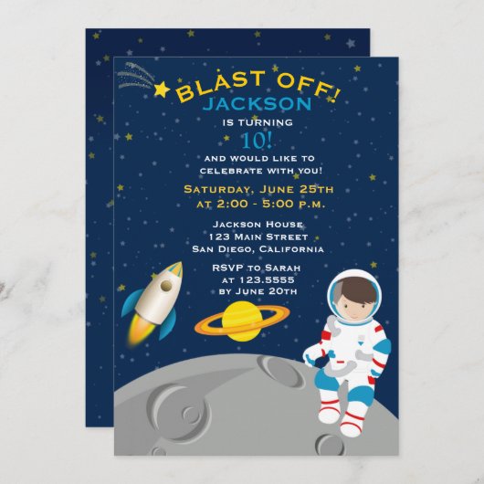宇宙の宇宙飛行士の誕生日のパーティの招待状 招待状 (正面/裏面)