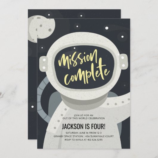 宇宙の宇宙飛行士の誕生日の招待状 招待状 (正面/裏面)