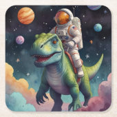 宇宙の恐竜に乗る宇宙飛行士 スクエアペーパーコースター (正面)