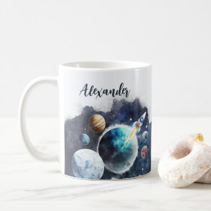 宇宙の惑星とロケットパーソナライズされた船 コーヒーマグカップ