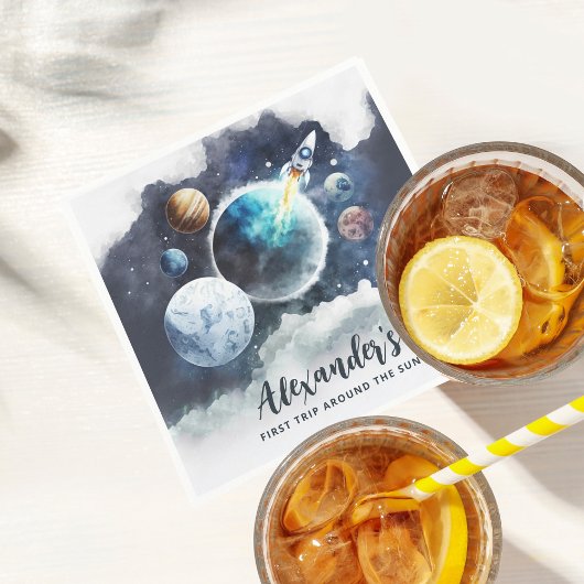 宇宙の惑星とロケット船ボーイ第1の誕生日 スタンダードカクテルナプキン