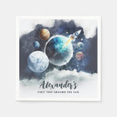 宇宙の惑星とロケット船ボーイ第1の誕生日 スタンダードカクテルナプキン (正面)