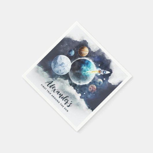 宇宙の惑星とロケット船ボーイ第1の誕生日 スタンダードカクテルナプキン (角)