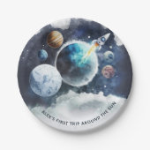 宇宙の惑星とロケット船ボーイ第1の誕生日 ペーパープレート (正面)