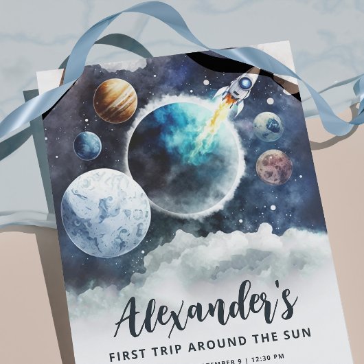 宇宙の惑星とロケット船ボーイ第1の誕生日 招待状