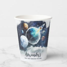 宇宙の惑星とロケット船ボーイ第1の誕生日 紙コップ