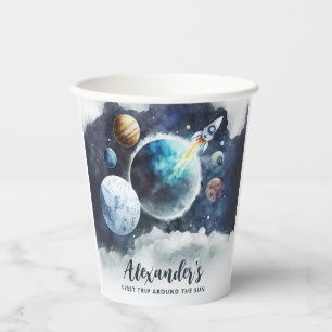 宇宙の惑星とロケット船ボーイ第1の誕生日 紙コップ