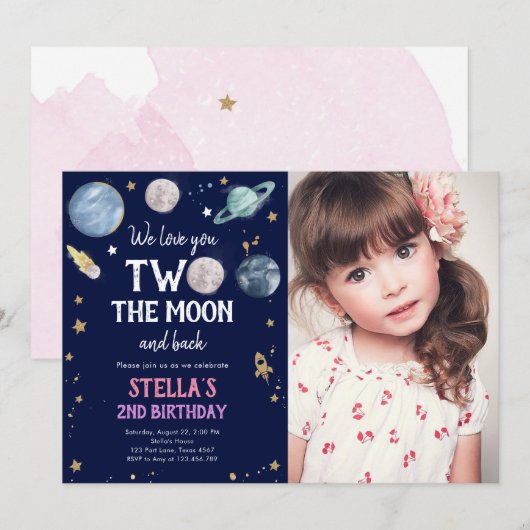 宇宙の惑星の女の子の2歳の誕生日パーティー招待状 招待状 (正面/裏面)