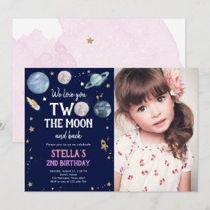 宇宙の惑星の女の子の2歳の誕生日パーティー招待状 招待状