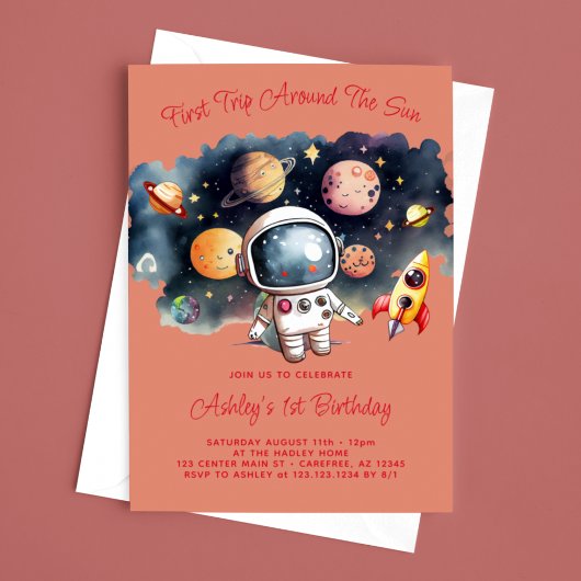 宇宙の惑星の女の子1歳の誕生日 招待状