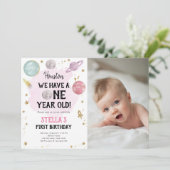 宇宙の惑星の女の子 ファーストバースデー招待状 招待状 (スタンド正面)