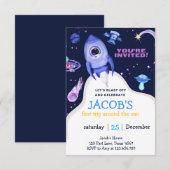 宇宙の惑星の少年 ファーストバースデー 招待状 (正面/裏面)