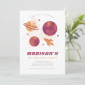 宇宙の惑星の水の色ガールファースト誕生日 招待状 (スタンド正面)