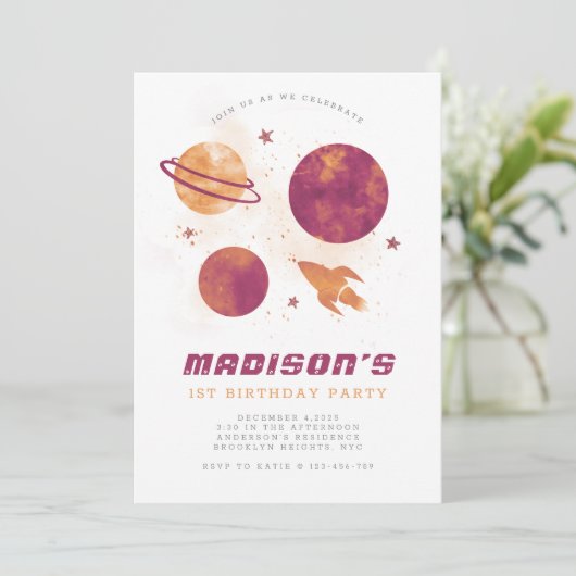 宇宙の惑星の水の色ガールファースト誕生日 招待状 (スタンド正面)