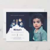 宇宙の惑星の男の子の最初の誕生日招待状 招待状 (正面)