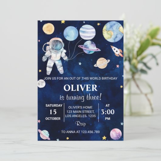 宇宙の惑星の男の子の誕生日招待状 招待状 (スタンド正面)