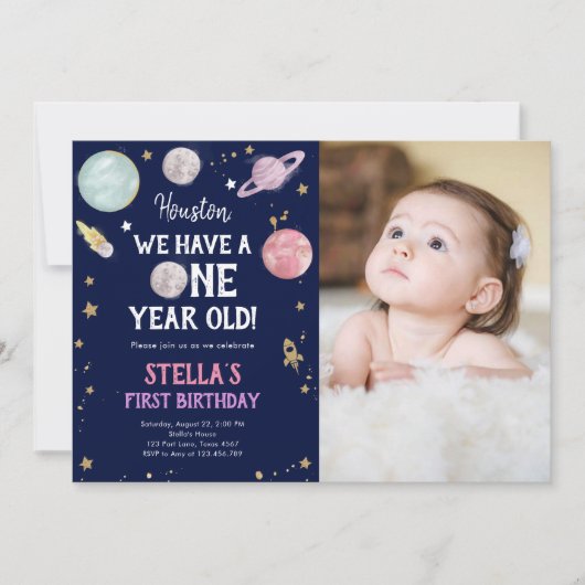 宇宙の惑星ガールファースト誕生日招待状 招待状 (正面)