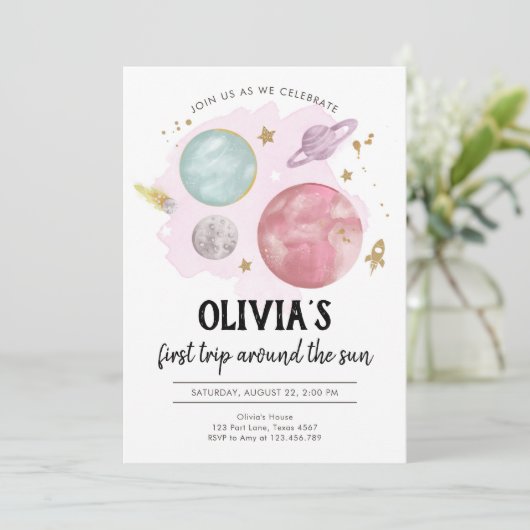 宇宙の惑星ガールファースト誕生日招待状 招待状 (スタンド正面)
