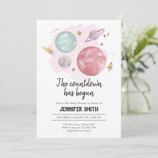 宇宙の惑星ガールベビーシャワー招待状 招待状 (スタンド正面)