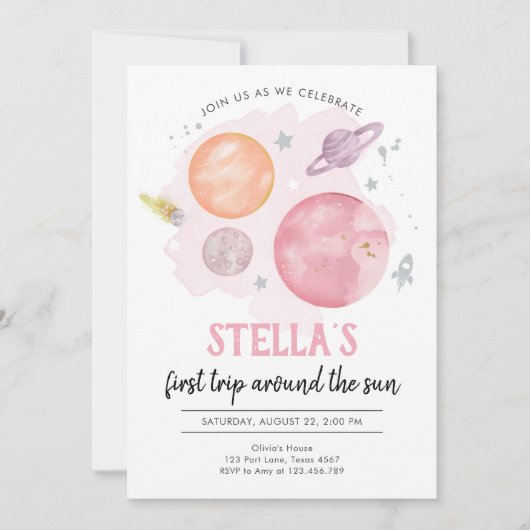 宇宙の惑星ガール最初の旅1st誕生日 招待状 (正面)