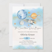 宇宙の惑星ボーイファースト赤ちゃんシャワーパーティー 招待状 (正面)