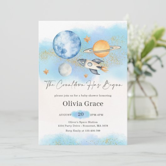 宇宙の惑星ボーイファースト赤ちゃんシャワーパーティー 招待状 (スタンド正面)