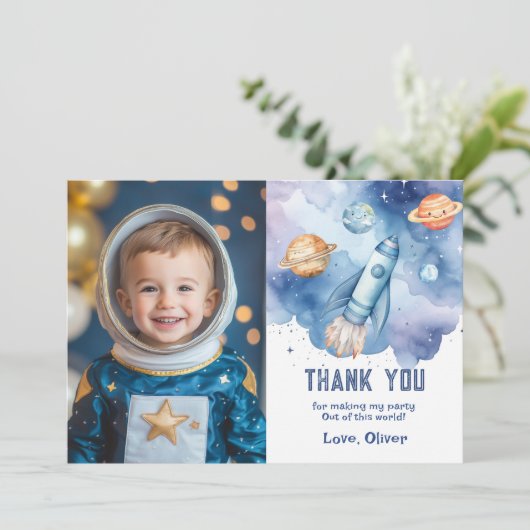 宇宙の惑星ボーイ誕生日感謝してい写真あなた 招待状 (スタンド正面)