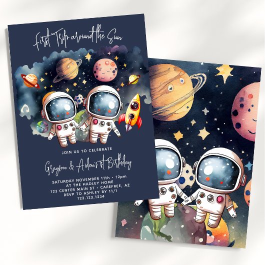 宇宙の惑星 ツイン男子1歳の誕生日 招待状