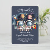 宇宙の惑星 ツイン男子1歳の誕生日 招待状 (スタンド正面)