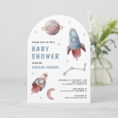 宇宙の惑星 ロケット アーチ ベビーシャワー 招待状 (スタンド正面)