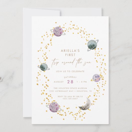 宇宙の惑星 – 女の子の金ゴールド1st誕生日 招待状 (正面)