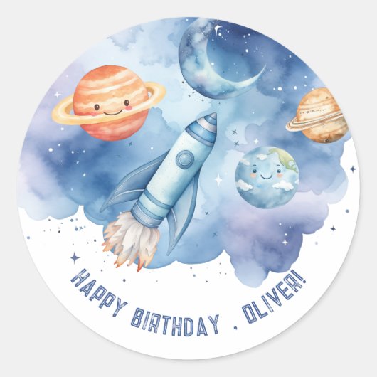 宇宙の惑星 男の子の誕生日パーティー ラウンドシール (正面)