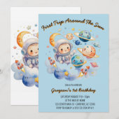 宇宙の惑星 青い 初誕生日 招待状 (正面/裏面)