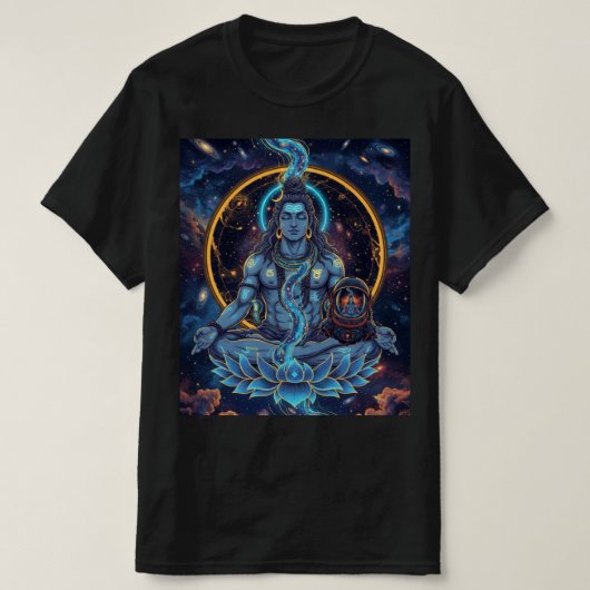 宇宙の支配者シヴァ瞑想宇宙飛行士ファンタジーTシャツ Tシャツ (デザイン正面)