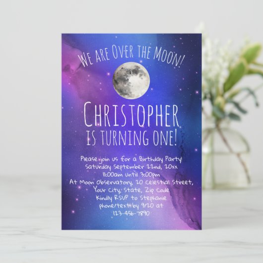 宇宙の星々が月の上に1番目の誕生日パーティー 招待状 (スタンド正面)