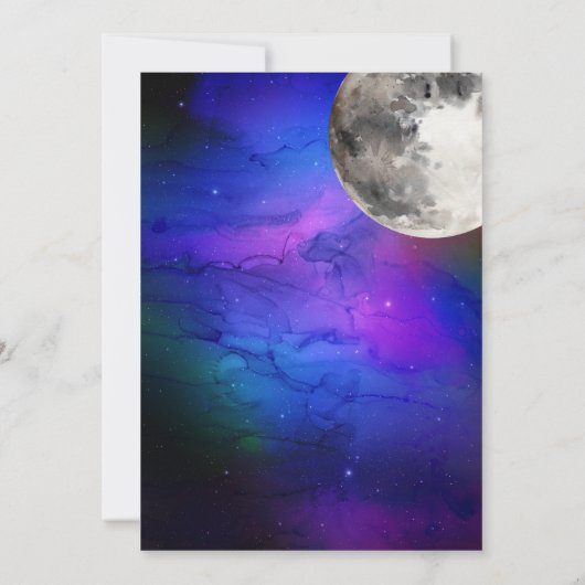 宇宙の星々が月の上に1番目の誕生日パーティー 招待状 (裏面)