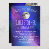 宇宙の星々が月の上に1番目の誕生日パーティー 招待状 (正面/裏面)
