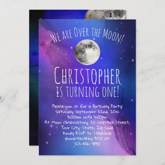 宇宙の星々が月の上に1番目の誕生日パーティー 招待状 (正面/裏面)