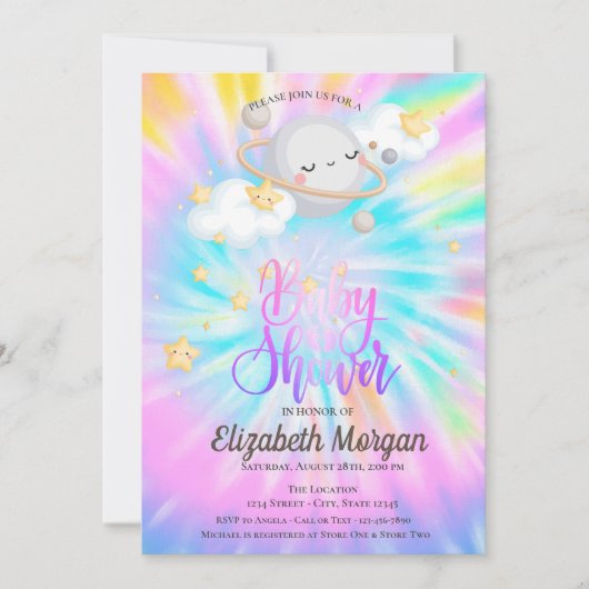 宇宙の星と惑星のタイダイ ベビーシャワー 招待状 (正面)