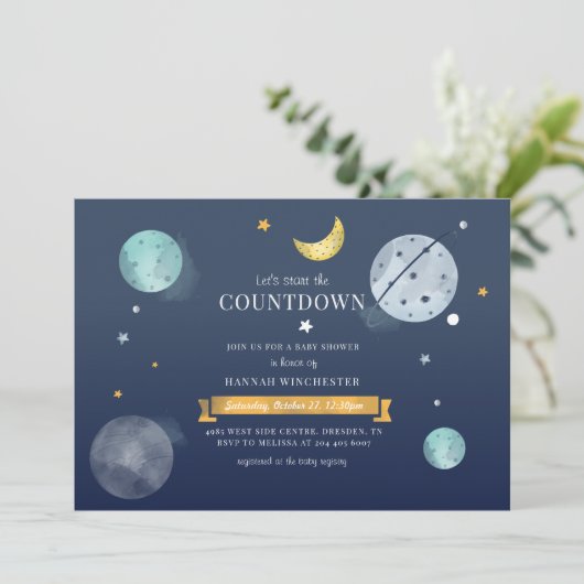 宇宙の星と月の赤ちゃんシャワー 招待状 (スタンド正面)