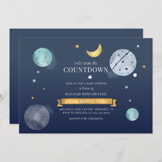 宇宙の星と月の赤ちゃんシャワー 招待状 (正面/裏面)