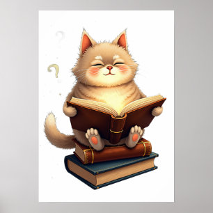 宇宙の星座の中で本を読む浮遊猫 ポスター