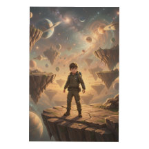 宇宙の星雲の中の浮島を航海する少年