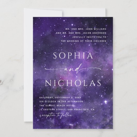 宇宙の星。パープル宇宙ナイトスター結婚ズ 招待状 (正面)