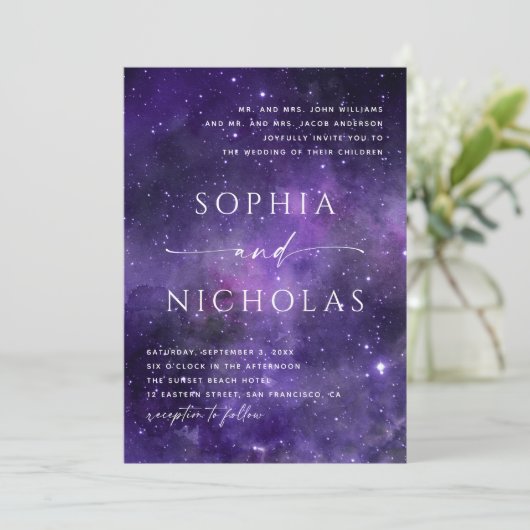 宇宙の星。パープル宇宙ナイトスター結婚ズ 招待状 (スタンド正面)