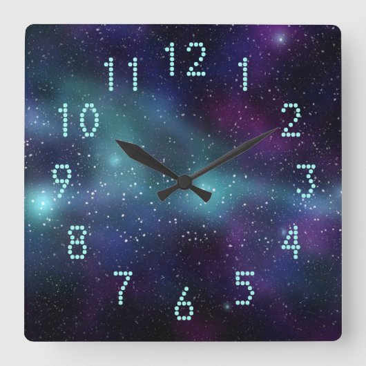 宇宙の星 紫 青 緑 ドット数字 スクエア壁時計 (正面)
