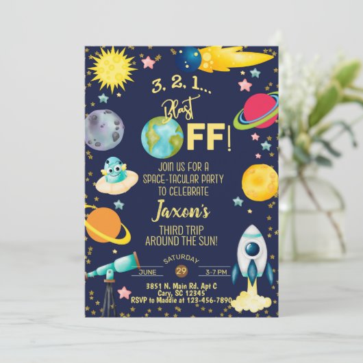 宇宙の暗黙の男の子の誕生日の招待状。 招待状 (スタンド正面)